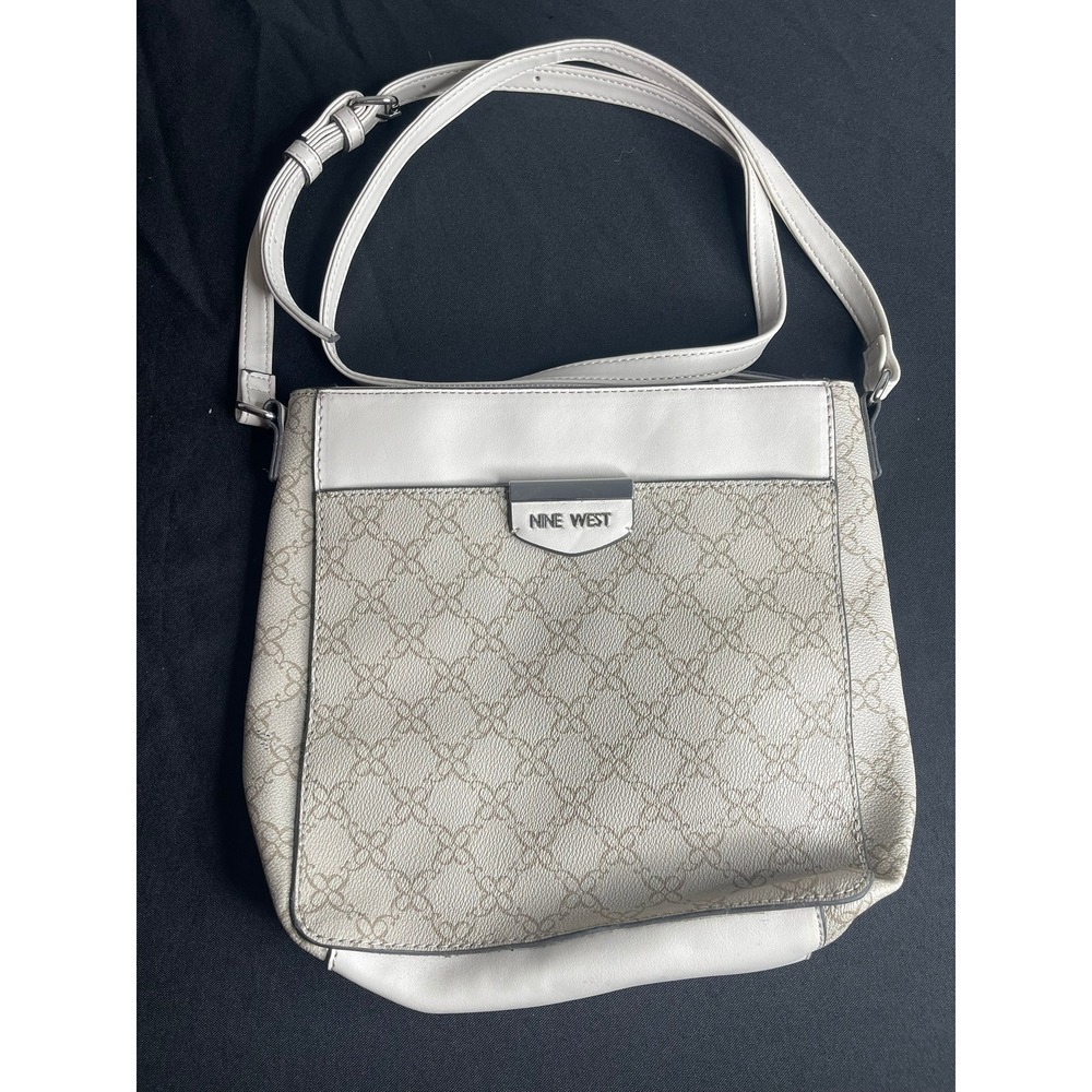 Nine West Crossbody Bag White Tan Monogram Logo Silver Hardware Adjustable Strap